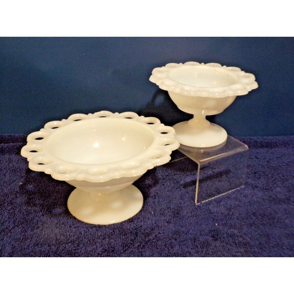 Colony Lace Edge Anchor Hocking Milk Glass Pedestal Compote 1930's Set of 2